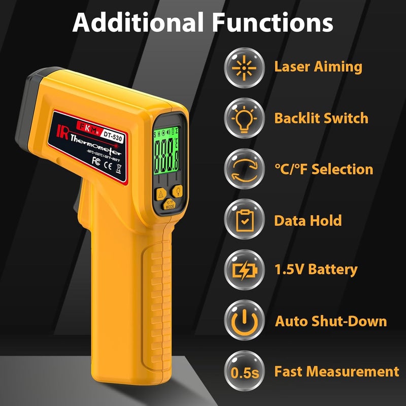 FKM Infrared Thermometer Gun Non-Contact Laser Temperature Gun,-58°F~986°F,AdjustableEmissivity,Digital IR Thermometer Gun for Cooking,Griddle,Pizza Oven,BBQ,HVAC,Automotive,Industrial,Not for Human - Image 2